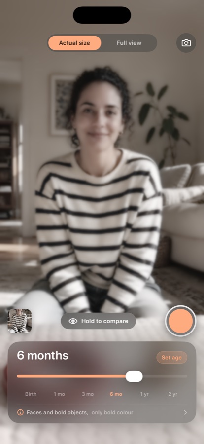 The same scene in First Light’s six-month estimate, with the app’s age slider and apricot controls.